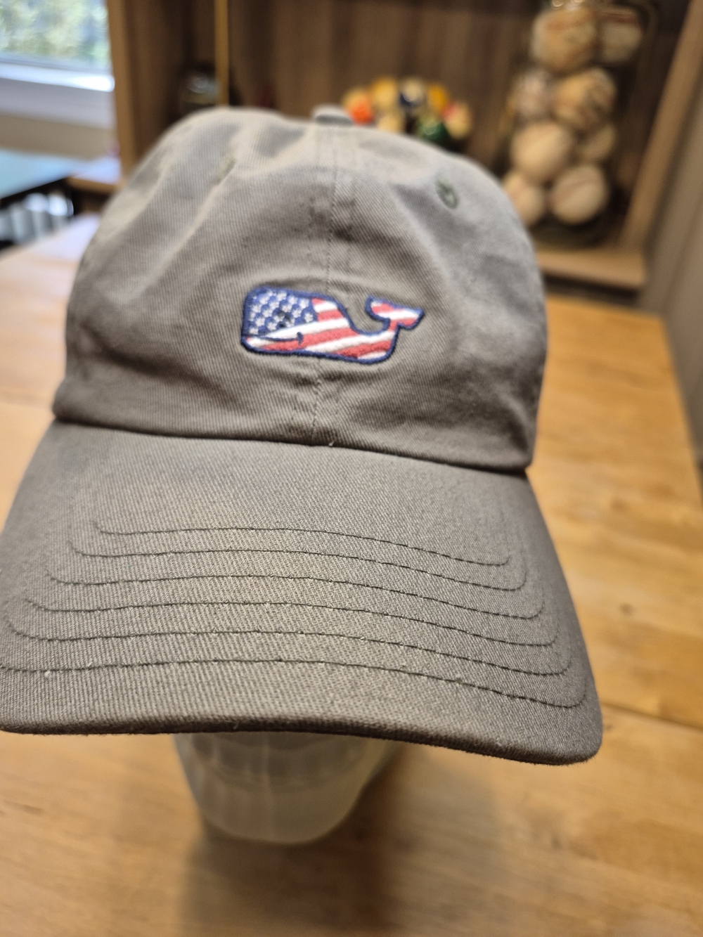 Vineyard Vines Olive Green Hay With American Flag Whale Baseball Cap